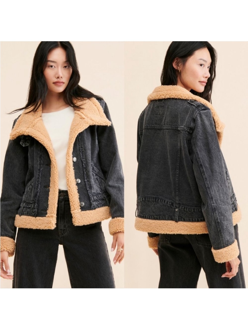 We the Free Rylee Cozy Moto Denim Sherpa Jacket in Black size XS